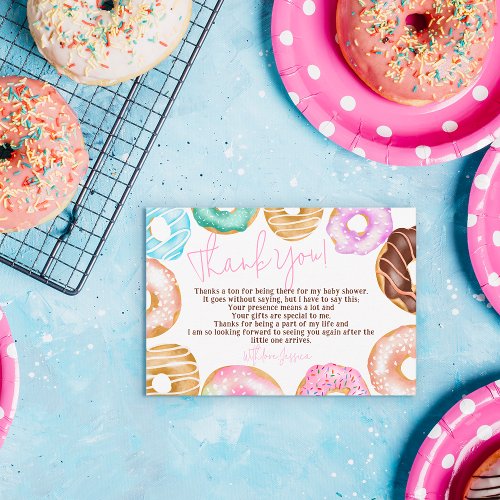 Sweet watercolor cute donuts script baby shower thank you card