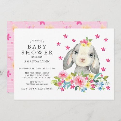 Sweet Watercolor Floral Bunny Baby Girl Shower Invitation