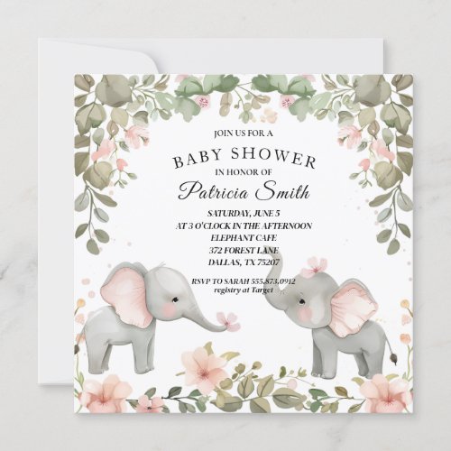 Sweet Watercolor Floral Elephant Baby Shower Invitation