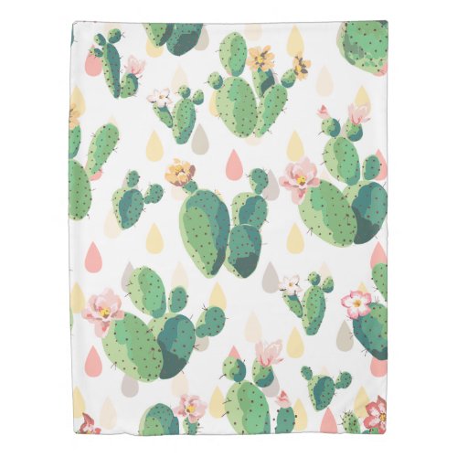 Sweet Watercolor Flowering Cactus Pattern Duvet Cover