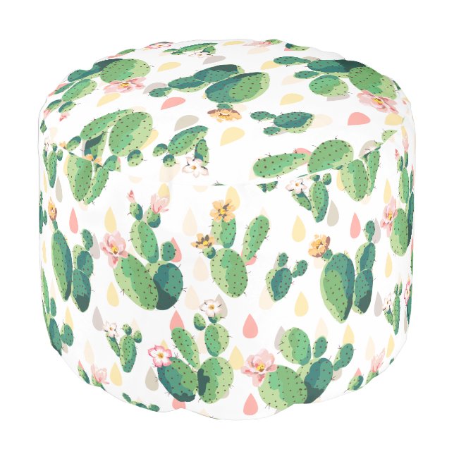 Sweet Watercolor Flowering Cactus Pattern Pouf (Angled Front)