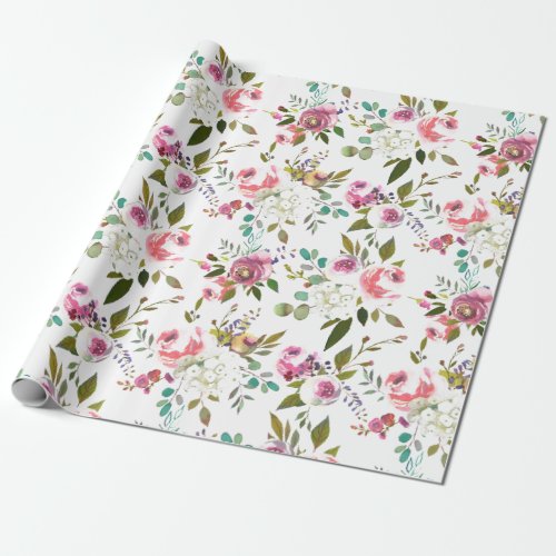 Sweet Watercolor Flowers Roses Pattern Wrapping Paper