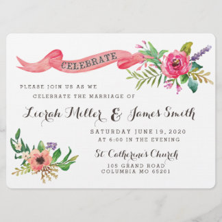 Sweet watercolor flowers with banner invitation