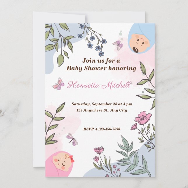 Sweet Watercolor gender reveal invitations (Front)