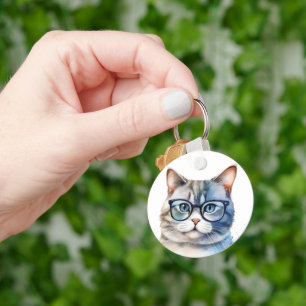Sweet Watercolor Grey Cat Personalized Keychain