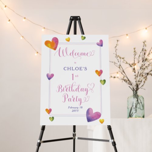 Sweet Watercolor Hearts 1st Birthday Party Welcome Foam Board