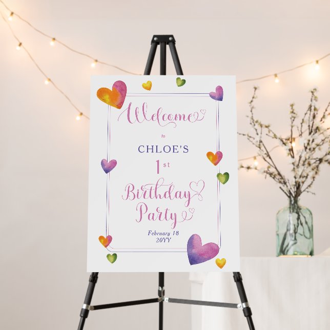 Sweet Watercolor Hearts 1st Birthday Party Welcome Foam Board (In Situ (Stand))