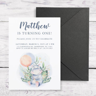 Sweet Watercolor Hippo Birthday Party Invitation