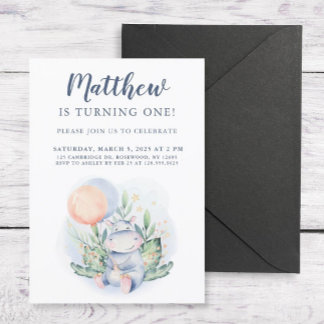 Sweet Watercolor Hippo Birthday Party Invitation