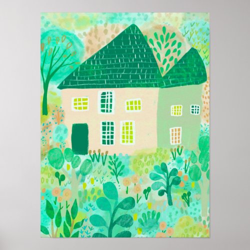 Sweet Watercolor House Garden Green Illustration  Poster