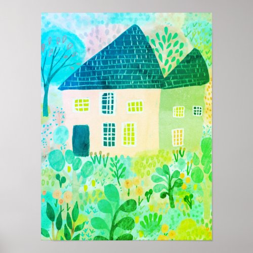 Sweet Watercolor House Garden Illustration  Poster