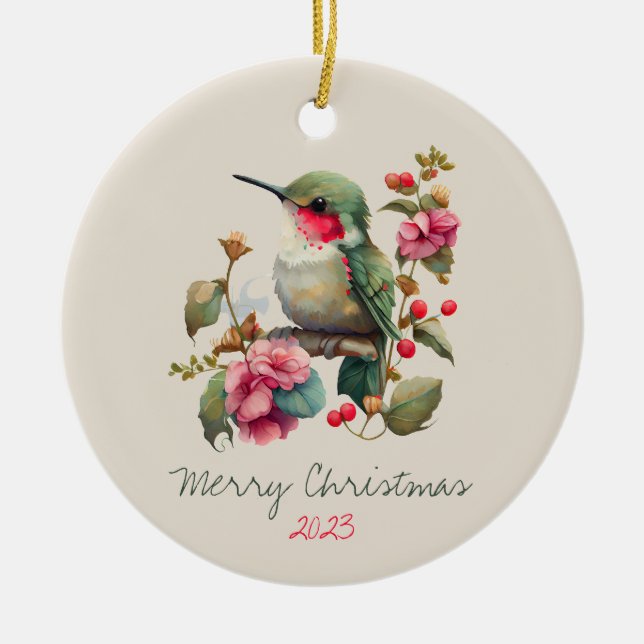 Sweet Watercolor Hummingbird Personalized Ceramic Ornament (Front)