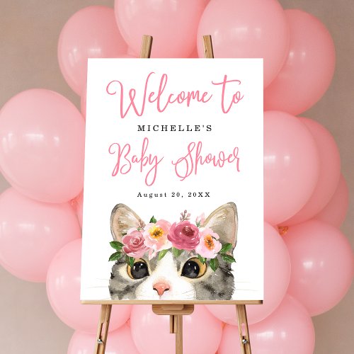 Sweet Watercolor Kitty Baby Shower Welcome Sign
