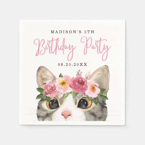 Sweet Watercolor Kitty Birthday Party Napkins