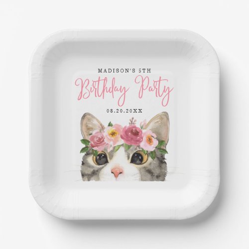 Sweet Watercolor Kitty Birthday Party Paper Plates