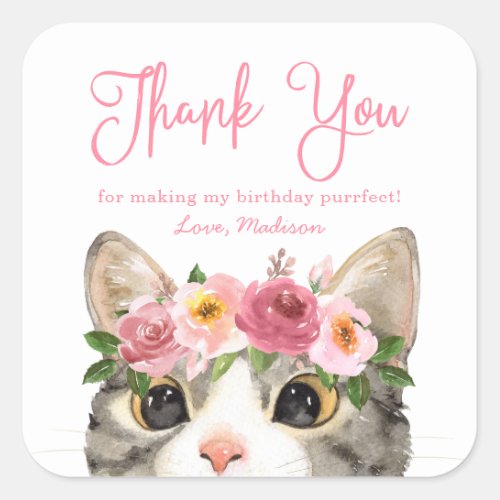 Sweet Watercolor Kitty Birthday Party Thank You Square Sticker