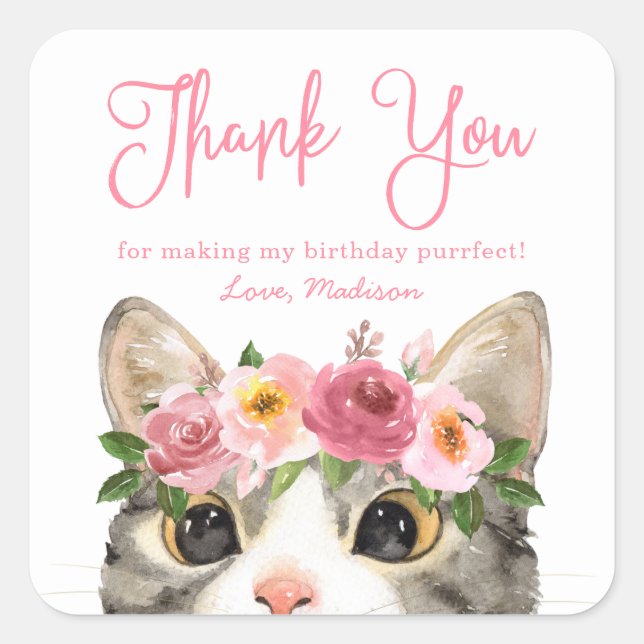 Sweet Watercolor Kitty Birthday Party Thank You Square Sticker (Front)