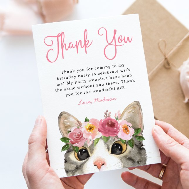 Sweet Watercolor Kitty Birthday Thank You Card (Creator Uploaded)