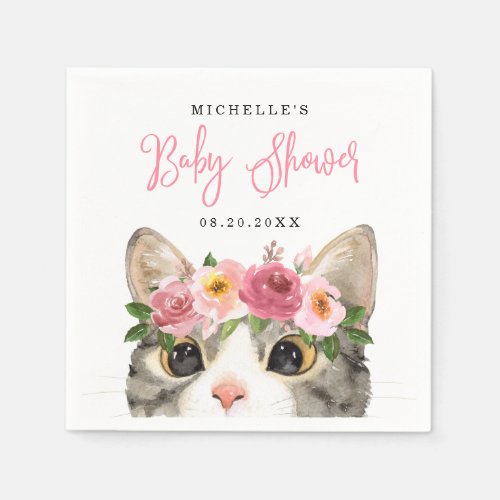 Sweet Watercolor Kitty Girl Baby Shower Napkins