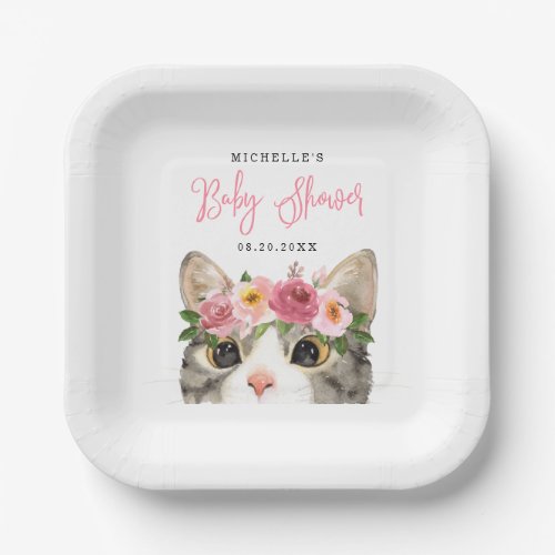 Sweet Watercolor Kitty Girl Baby Shower Paper Plates