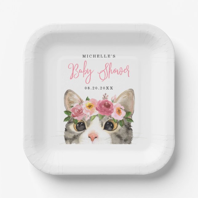 Sweet Watercolor Kitty Girl Baby Shower Paper Plates (Front)