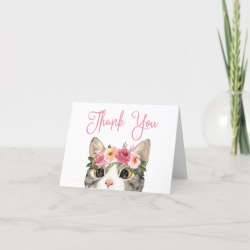 Sweet Watercolor Kitty Girl Baby Shower Thank You Card