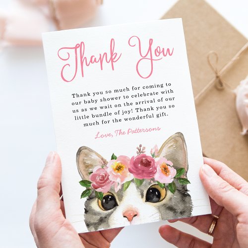 Sweet Watercolor Kitty Girl Baby Shower Thank You Card