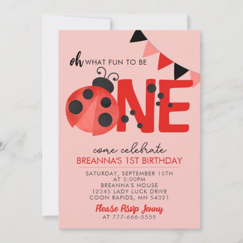 Sweet Watercolor Ladybug 1st Birthday Party Invitation