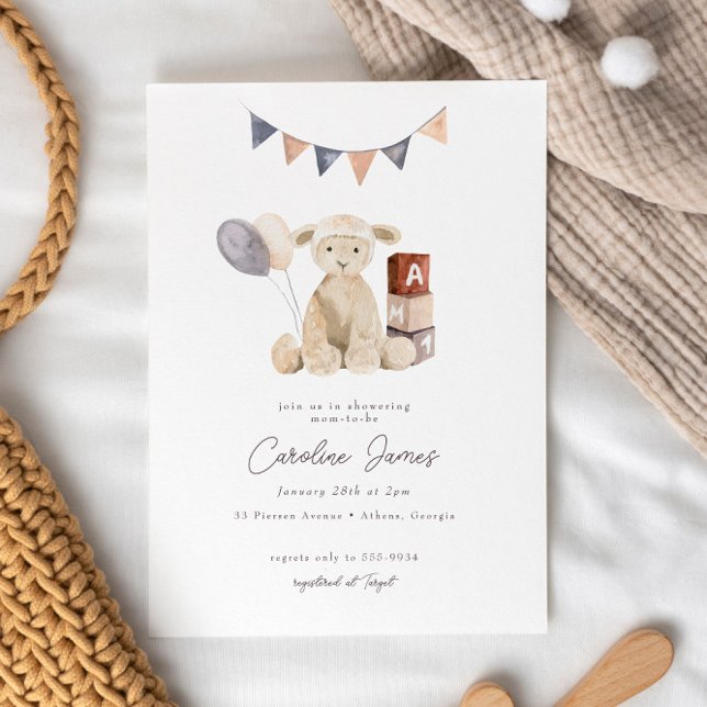Sweet Watercolor Lamb Baby Toy Baby Shower Invitation (Creator Uploaded)