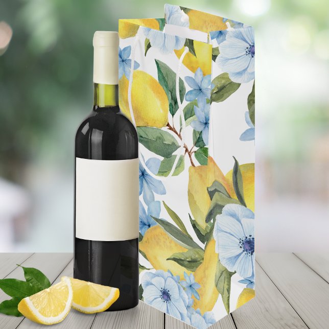 Sweet Watercolor Lemon & Flower Wine Gift Bag (Trendy Sweet Watercolor Lemon & Flower Wine Gift Bag in Dusty Slate Blue.)