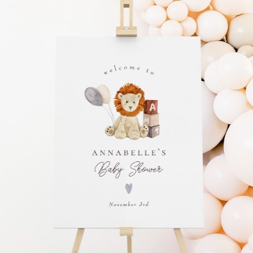 Sweet Watercolor Lion Toy Baby Shower Welcome Sign