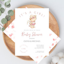 Sweet Watercolor Little Girl Bear Baby Shower