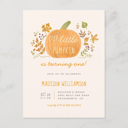 Sweet Watercolor Little Pumpkin Fall Kids Birthday Invitation Postcard
