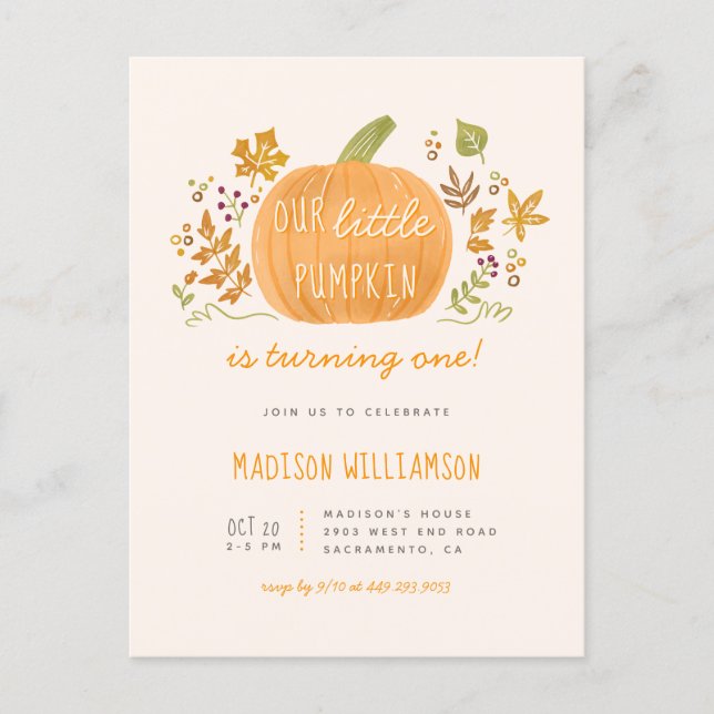 Sweet Watercolor Little Pumpkin Fall Kids Birthday Invitation Postcard (Front)