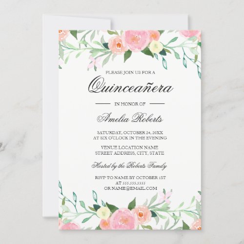 Sweet Watercolor Pink Peach Quinceanera Invitation