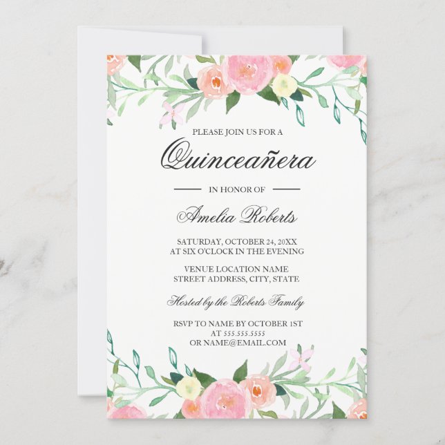 Sweet Watercolor Pink Peach Quinceanera Invitation (Front)