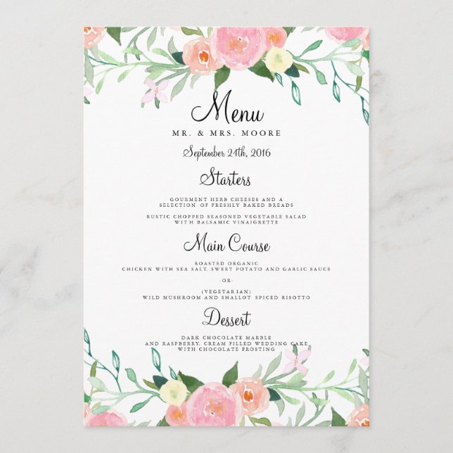 Sweet Watercolor Pink Peach Wedding Dinner Menu (Front)