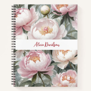 Sweet Watercolor Pink Peonies your name Notebook