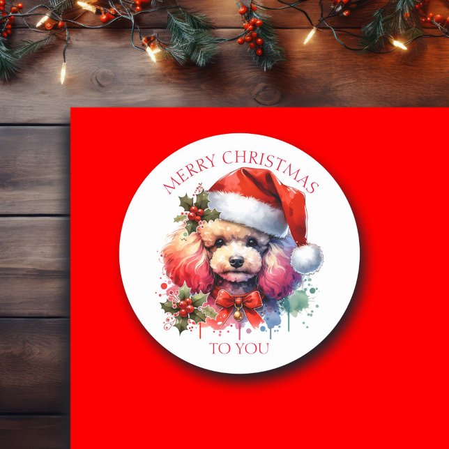 Sweet Watercolor Poodle and Christmas Greetings Classic Round Sticker (Creator Uploaded)