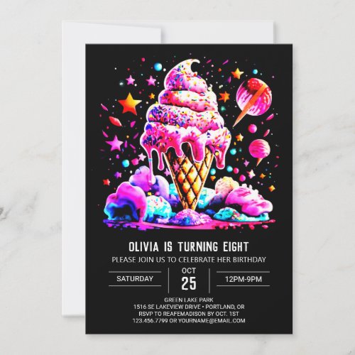 Sweet Watercolor Printable Ice Cream Girl Birthday Invitation