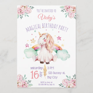 Sweet Watercolor Rainbow Flowers Unicorn Birthday Invitation