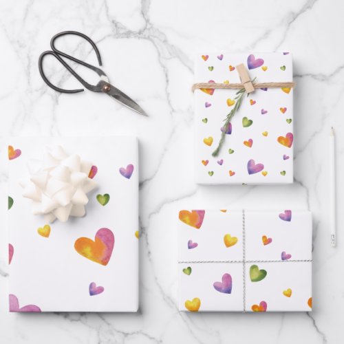 Sweet Watercolor Rainbow Hearts Pattern Wrapping Paper Sheets