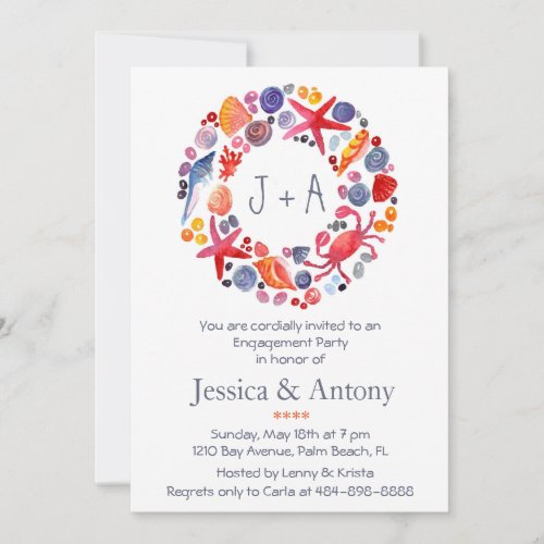Sweet Watercolor Sea Wreath Beach Engagement Party Invitation