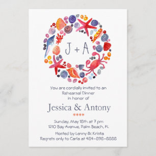 Sweet Watercolor Sea Wreath Beach Rehearsal Dinner Invitation