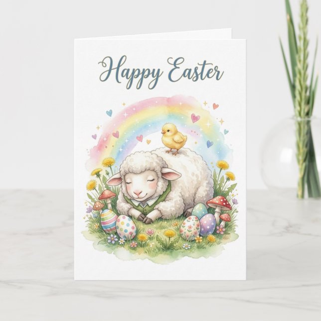 Sweet Watercolor Sheep Easter Card (Front)