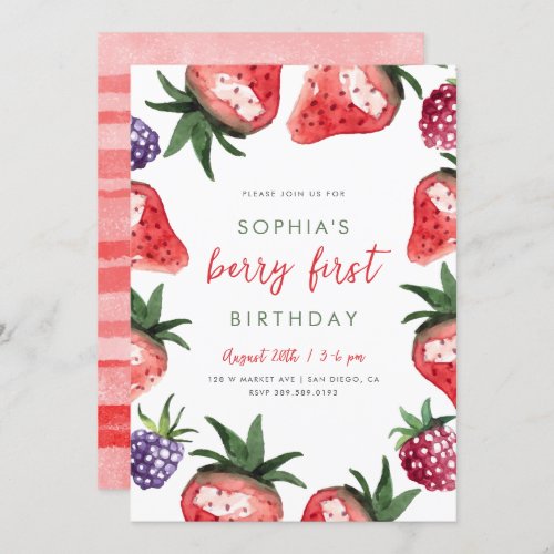Sweet Watercolor Strawberries Berry First Birthday Invitation
