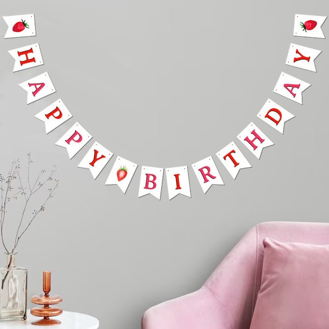Sweet Watercolor Strawberries Happy Birthday Bunting Flags (Creator Uploaded)
