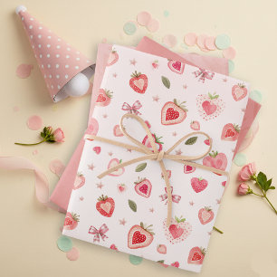 Sweet Watercolor Strawberries Hearts And Ribbons Wrapping Paper Sheets