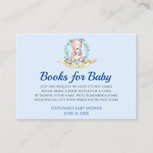 Sweet Watercolor Teddy Bear Blue Bring A Book  Enclosure Card