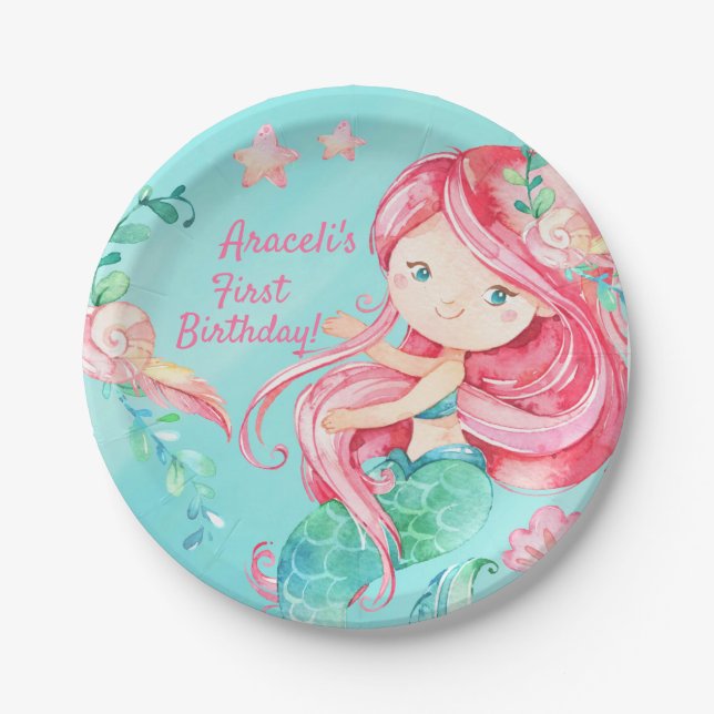 Sweet Watercolor Under Sea Mermaid Girly Birthday Paper Plates (Front)